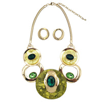 Contemporary Statement Resin Geo Hoop Link With Glass Crystal Rhinestones Bib Necklace And Earrings Gift Set, 14"+3" Extender (Green Yellow Gold Tone)