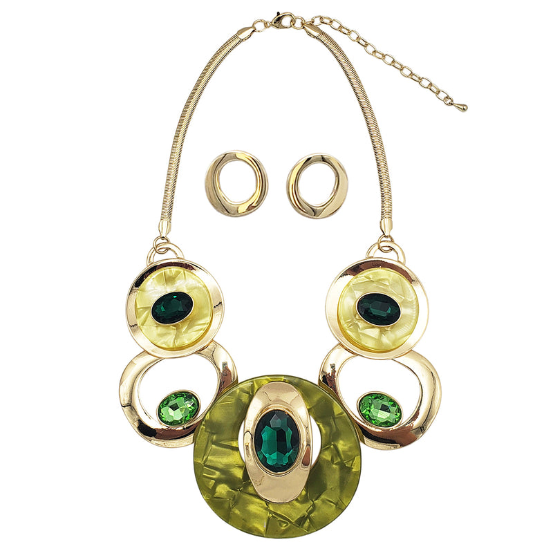 Contemporary Statement Resin Geo Hoop Link With Glass Crystal Rhinestones Bib Necklace And Earrings Gift Set, 14"+3" Extender (Green Yellow Gold Tone)