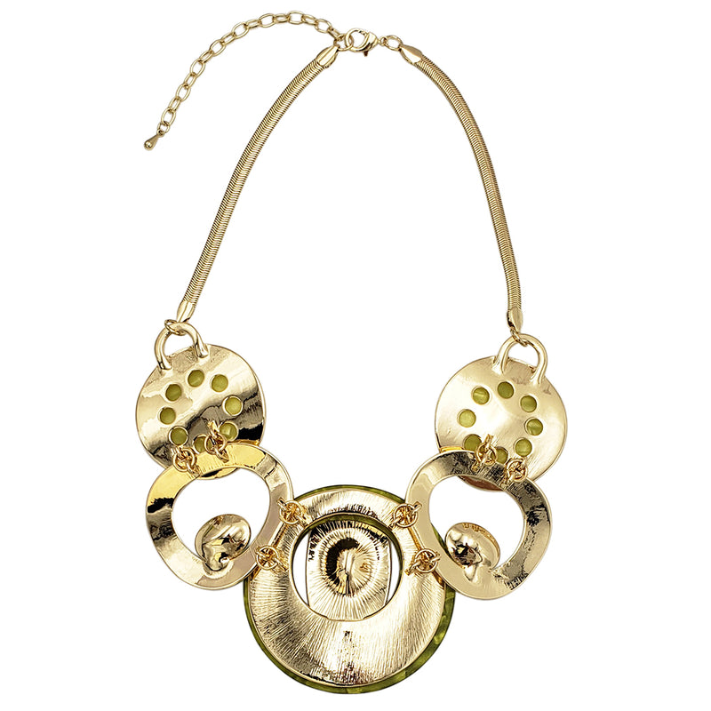 Contemporary Statement Resin Geo Hoop Link With Glass Crystal Rhinestones Bib Necklace And Earrings Gift Set, 14"+3" Extender (Green Yellow Gold Tone)