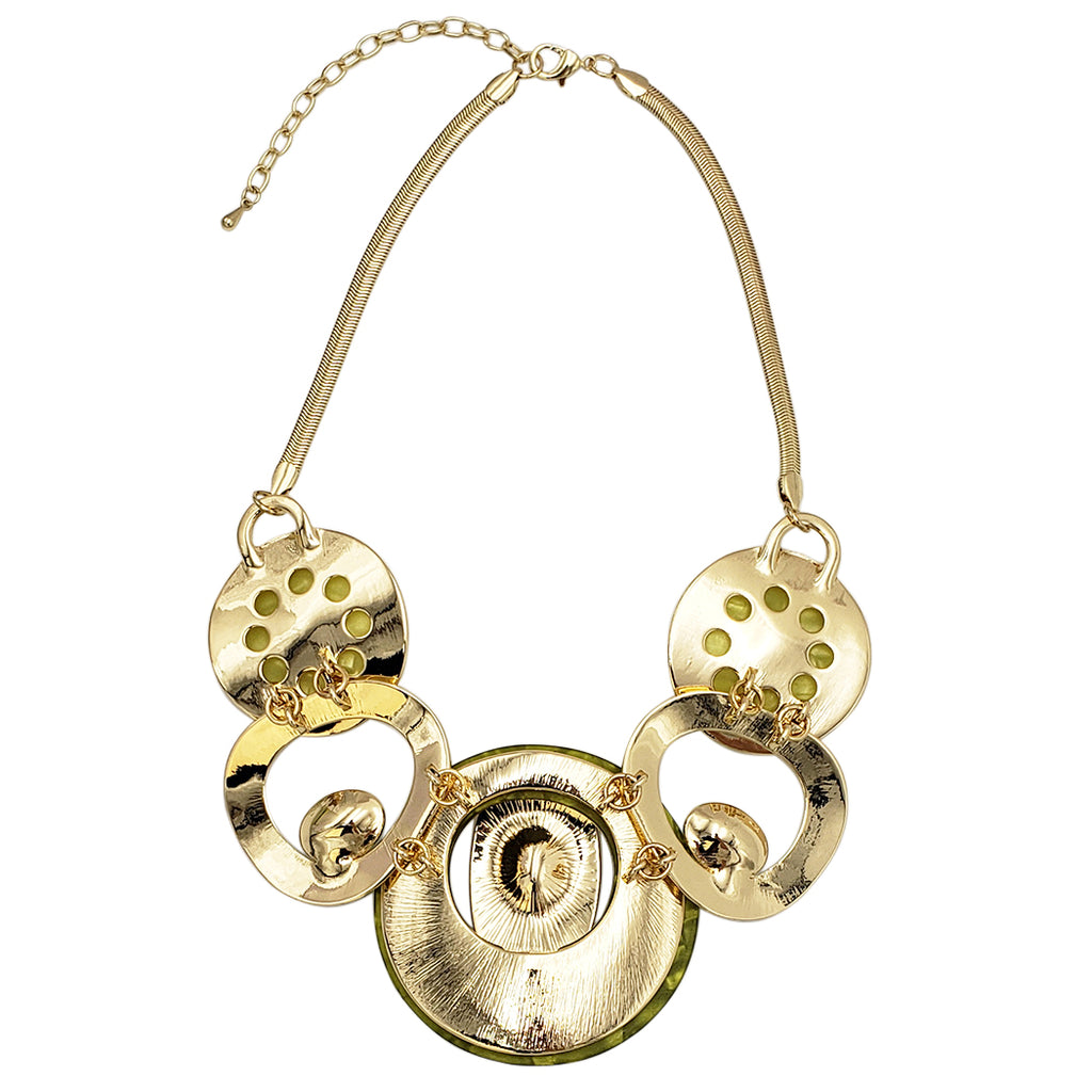 Contemporary Statement Resin Geo Hoop Link With Glass Crystal Rhinestones Bib Necklace And Earrings Gift Set, 14"+3" Extender (Green Yellow Gold Tone)