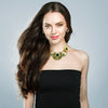 Contemporary Statement Resin Geo Hoop Link With Glass Crystal Rhinestones Bib Necklace And Earrings Gift Set, 14"+3" Extender (Green Yellow Gold Tone)