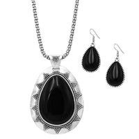 Western Style Silver Tone Teardrop Concho Medallion with Natural Howlite Necklace Earrings Set, 26"+3" Extension (Black)