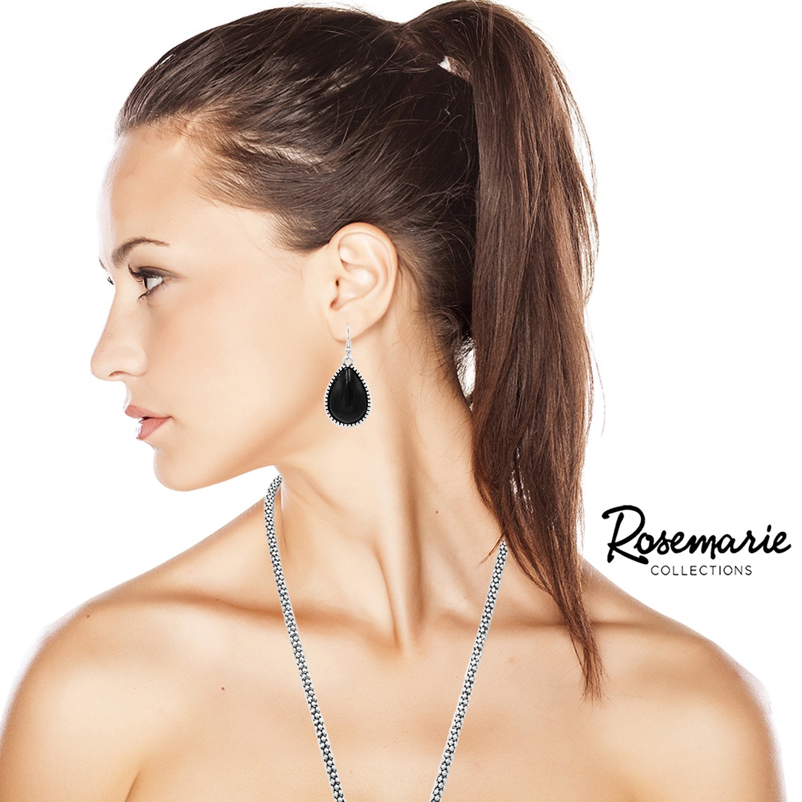 Western Style Silver Tone Teardrop Concho Medallion with Natural Howlite Necklace Earrings Set, 26"+3" Extension (Black)