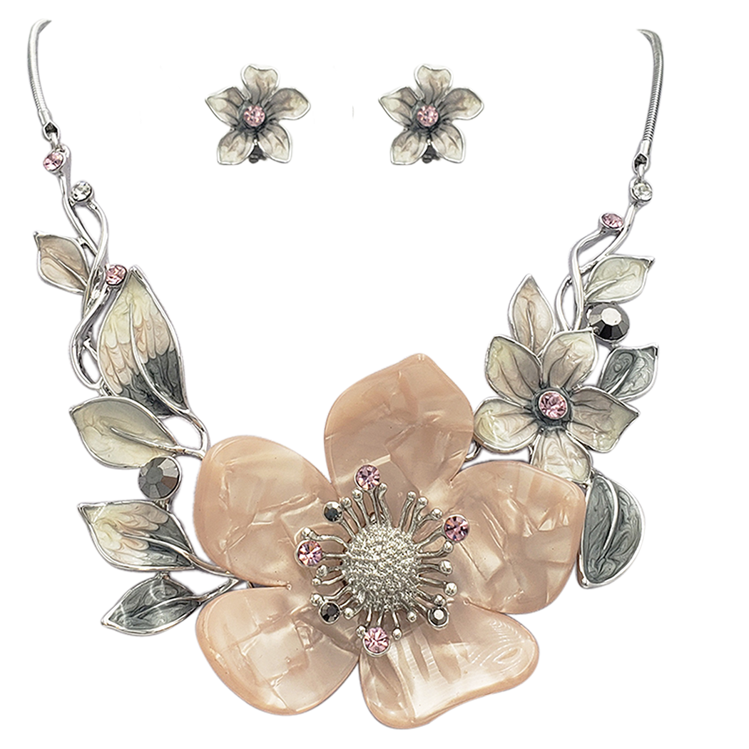 Stunning Polished Silver Tone Enamel And Lucite 3D Flower Necklace Earrings Jewelry Gift Set, 14"+3" Extension