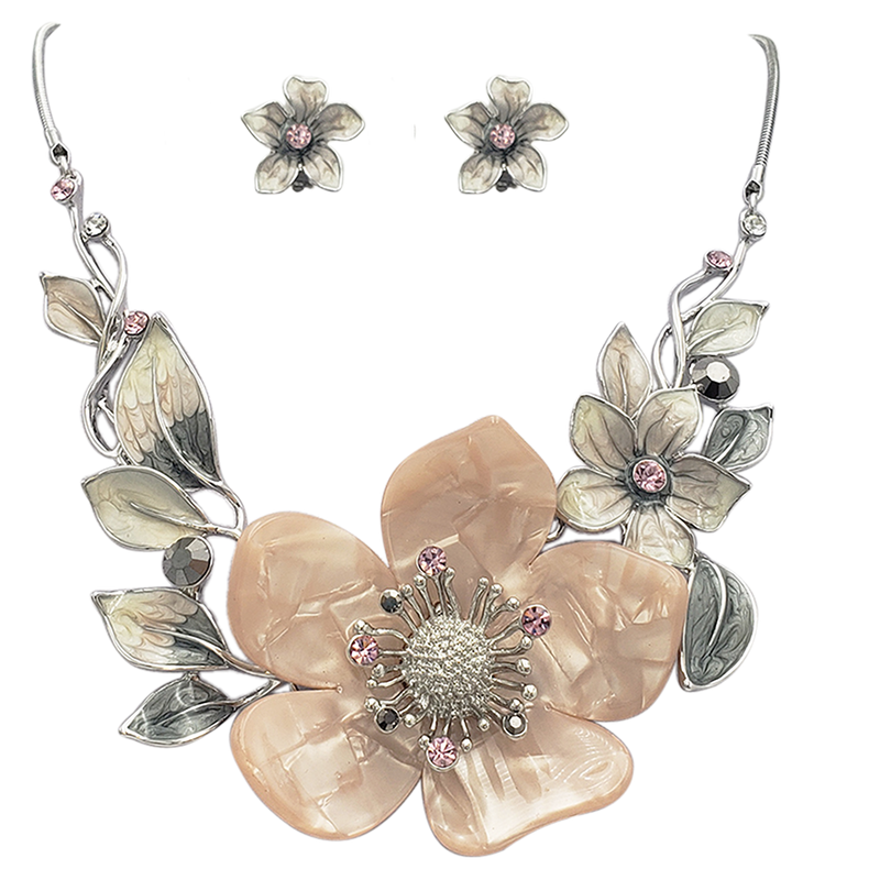 Stunning Polished Silver Tone Enamel And Lucite 3D Flower Necklace Earrings Jewelry Gift Set, 14"+3" Extension