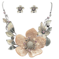 Stunning Polished Silver Tone Enamel And Lucite 3D Flower Necklace Earrings Jewelry Gift Set, 14"+3" Extension