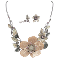 Stunning Polished Silver Tone Enamel And Lucite 3D Flower Necklace Earrings Jewelry Gift Set, 14"+3" Extension