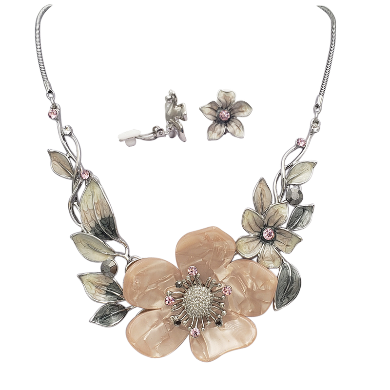 Stunning Polished Silver Tone Enamel And Lucite 3D Flower Necklace Earrings Jewelry Gift Set, 14"+3" Extension