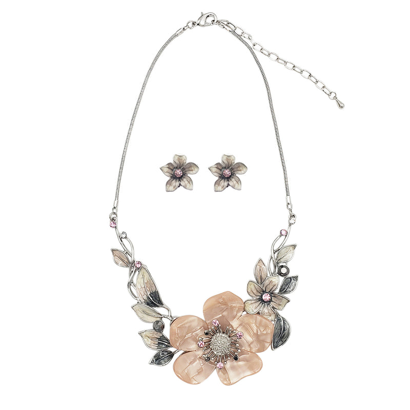 Stunning Polished Silver Tone Enamel And Lucite 3D Flower Necklace Earrings Jewelry Gift Set, 14"+3" Extension