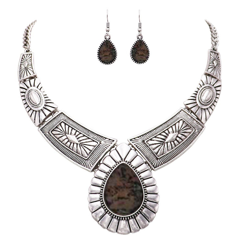 Teardrop Stone Statement Necklace Earrings Set (Abalone)