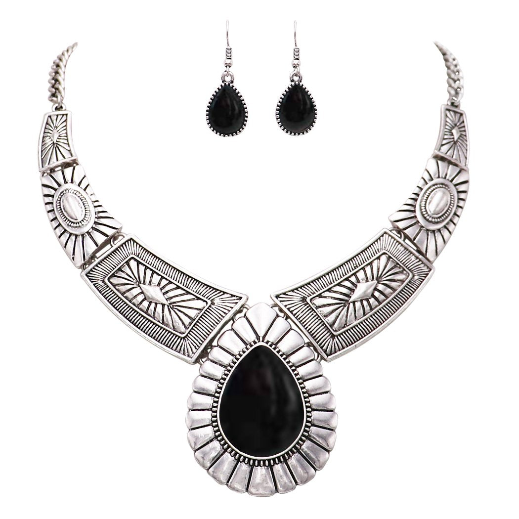 Teardrop Stone Statement Necklace Earrings Set (Black)