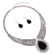 Teardrop Stone Statement Necklace Earrings Set (Black)