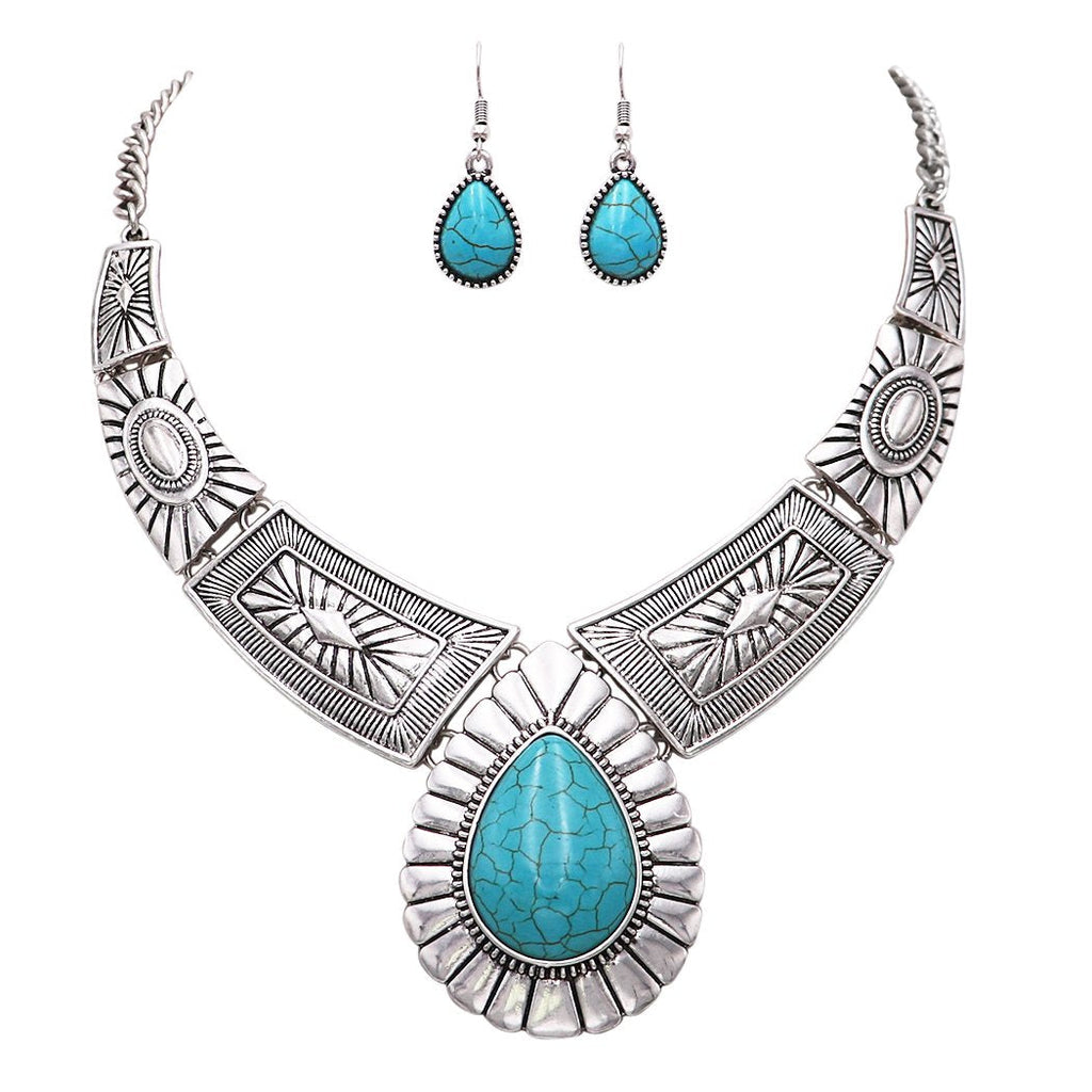 Teardrop Stone Statement Necklace Earrings Set (Turquoise Color)