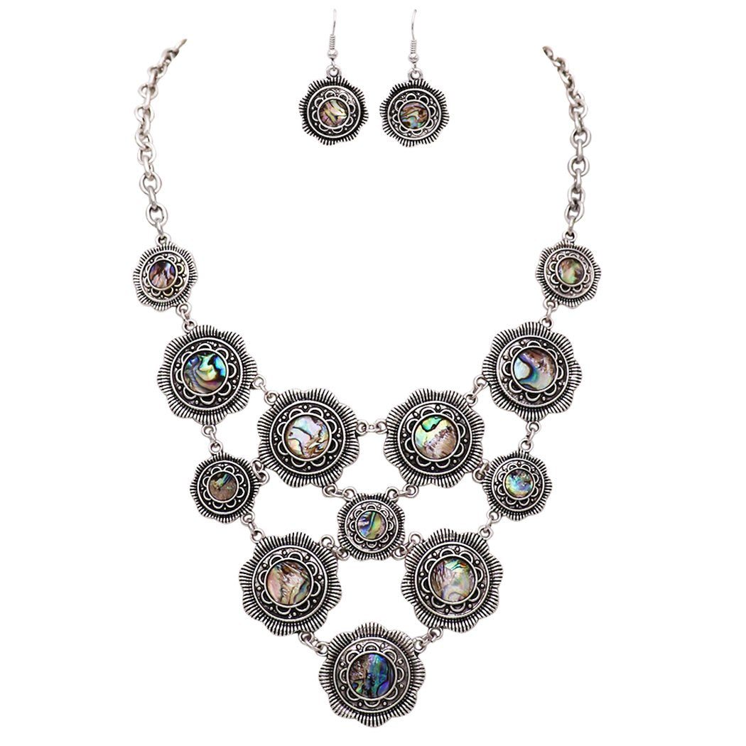 Rosemarie Collections Womenâ€™s Disc Statement Bib Necklace Earrings Jewelry Gift Set (Abalone Shell)