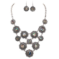 Rosemarie Collections Women's Flower Disc Statement Bib Necklace Earrings Jewelry Gift Set, 18"+2.5" Extender (Abalone Shell)