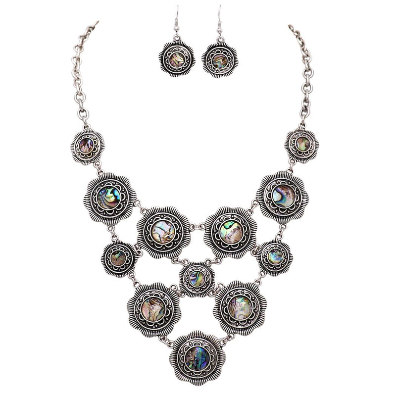 Rosemarie Collections Women's Flower Disc Statement Bib Necklace Earrings Jewelry Gift Set, 18"+2.5" Extender (Abalone Shell)