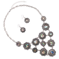 Rosemarie Collections Women's Flower Disc Statement Bib Necklace Earrings Jewelry Gift Set, 18"+2.5" Extender (Abalone Shell)