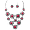 Flower Disc Statement Bib Necklace Earrings Set, 18"+2.5" Extender (Red Howlite)