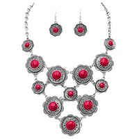 Flower Disc Statement Bib Necklace Earrings Set, 18"+2.5" Extender (Red Howlite)