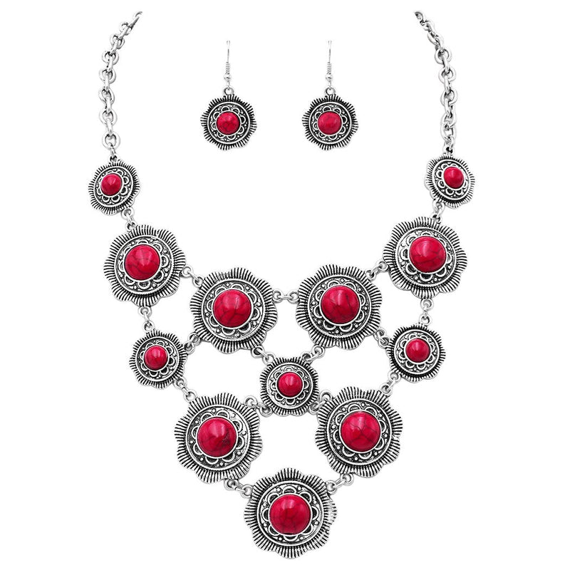 Flower Disc Statement Bib Necklace Earrings Set, 18"+2.5" Extender (Red Howlite)