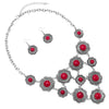 Flower Disc Statement Bib Necklace Earrings Set, 18"+2.5" Extender (Red Howlite)