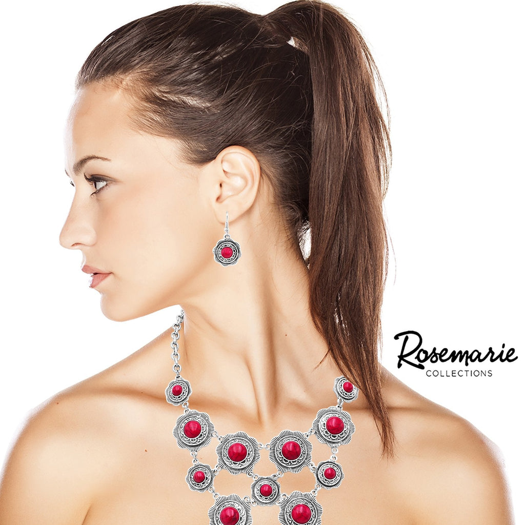 Flower Disc Statement Bib Necklace Earrings Set, 18"+2.5" Extender (Red Howlite)
