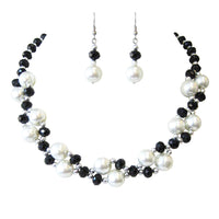 Chic Black And White Simulated Pearl And Faceted Crystal Bead Necklace With Dangle Earrings Set 18"+3" Extender