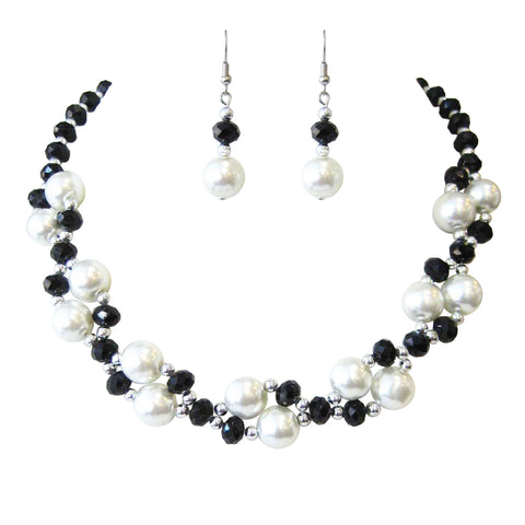 Girl's 6mm Glass Bead Simulated Pearl 3 Piece Necklace Bracelet Earrings Dress Up Jewelry Set, 12"-14" with 2" Extender (Black)