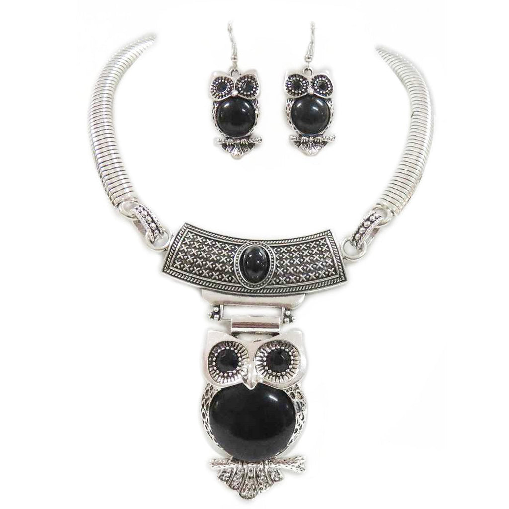 Western Style Semi Precious Howlite Stone Hootiful Wise Owl Collar Necklace Dangle Earrings, 10"+3" Extender (Black Howlite Stone Burnished Silver Tone)