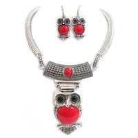 Western Style Semi Precious Howlite Stone Hootiful Wise Owl Collar Necklace Dangle Earrings, 10"+3" Extender (Red Howlite Stone Burnished Silver Tone)