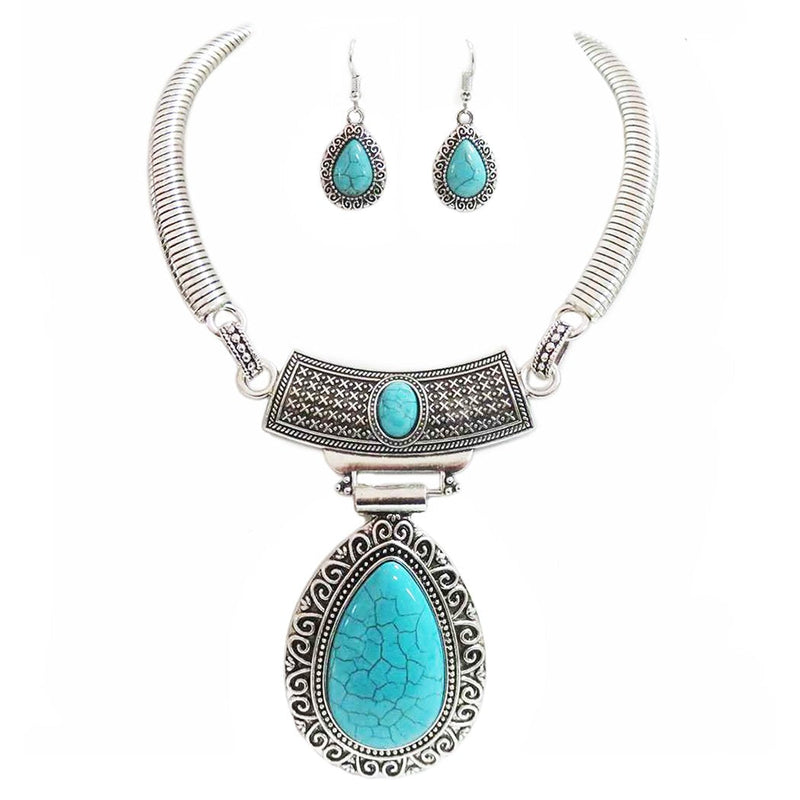Cowgirl Chic Western Style Large Statement Concho Medallion With Natural Turquoise Howlite Collar Necklace Earrings Set, 10"+3" Extender (Teardrop Swirl, Turquoise Howite)