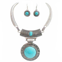 Cowgirl Chic Western Style Large Statement Concho Medallion With Natural Turquoise Howlite Collar Necklace Earrings Set, 10"+3" Extender (Round Aztec, Turquoise Howite)