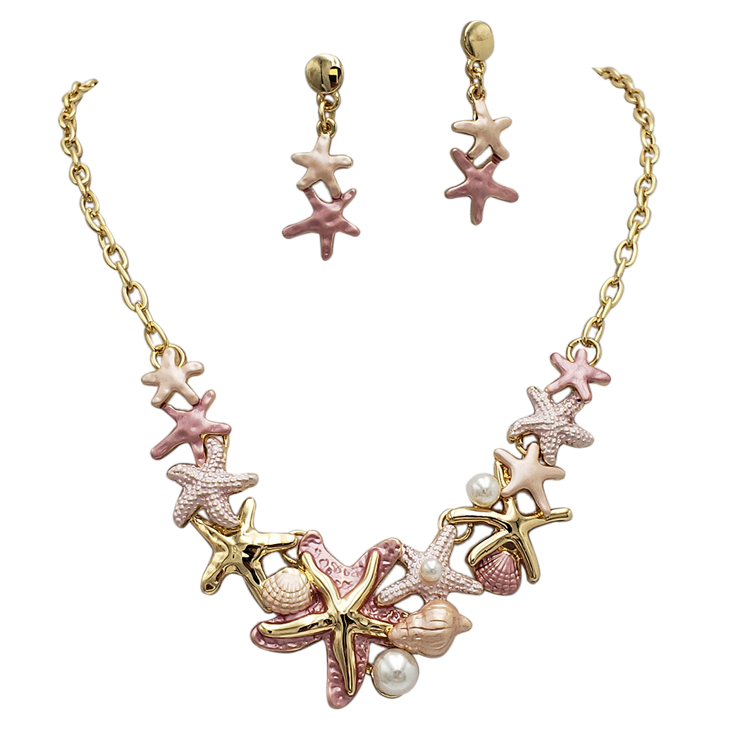 Rosemarie & Jubalee Women’s Sea Creature Enamel Collar Necklace & Earrings Set – Nautical Pearl Bib Jewelry With Extender