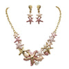 Stunning Enamel Starfish And Shells With Simulated Pearl Collar Necklace Earrings Gift Set, 16"+3" Extender (Coral Pink Gold Tone)
