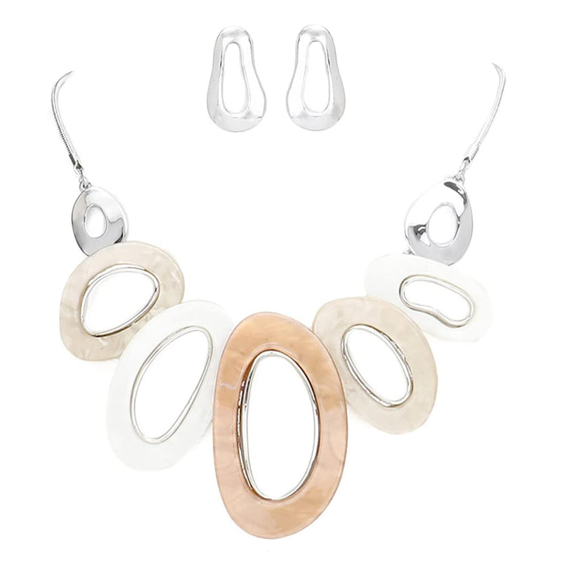 Stunning Polished Silver Tone Oval Resin Links Modern Necklace Earrings Set, 12"+3" Extender