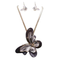 Stunning Enamel And Lucite 3D Butterfly Necklace Earrings Set, 16"+3" Extension (Black Gray Butterfly Gold Tone)