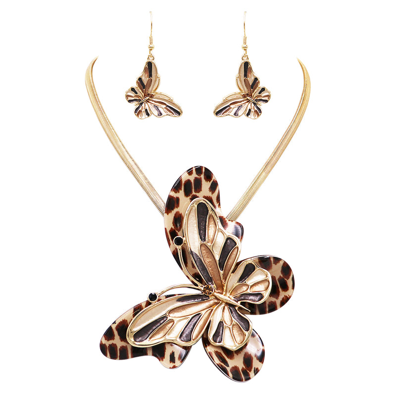 Stunning Enamel And Lucite 3D Butterfly Pendant Necklace Earrings Gift Set, 16"+3" Extension (Leopard Spot Pattern Butterfly Gold Tone)