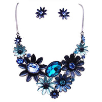 Stunning Colorful 3D Metal Flower Collar Necklace Earrings Set, 13"+3" Extension (Blues)