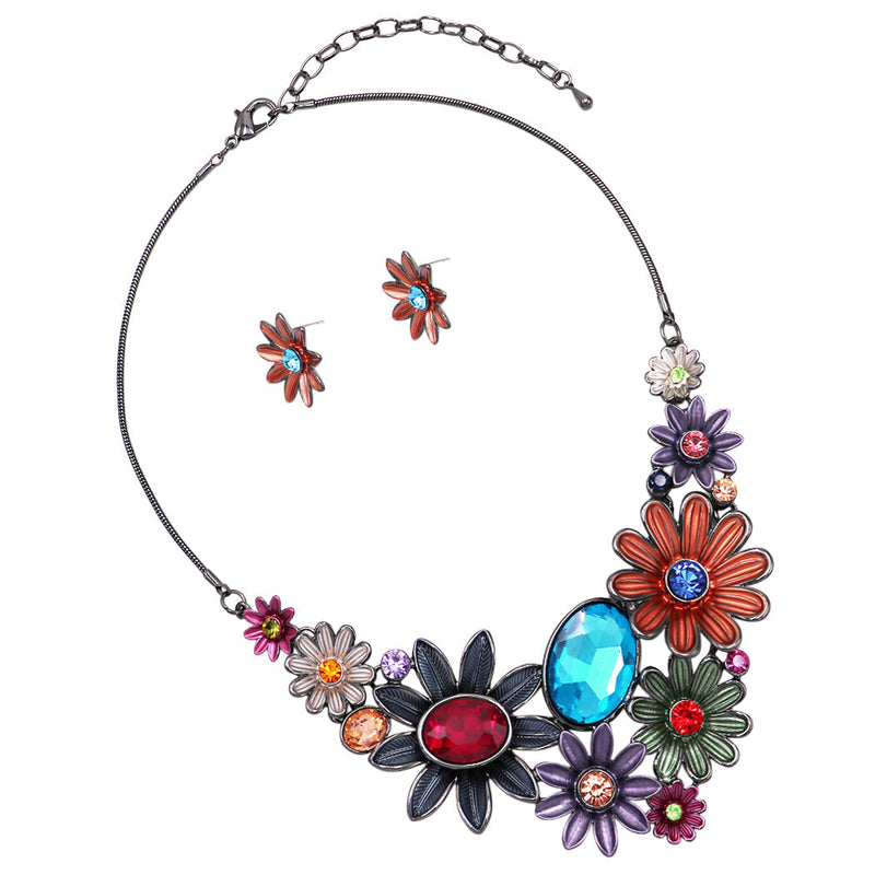 Stunning Colorful 3D Metal Flower Collar Necklace Earrings Set, 13"+3" Extension (Multicolored)