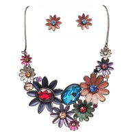 Stunning Colorful 3D Metal Flower Collar Necklace Earrings Set, 13"+3" Extension (Multicolored)