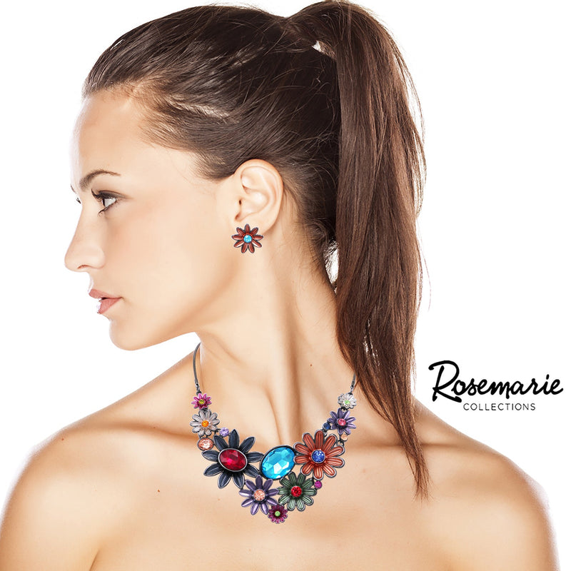 Stunning Colorful 3D Metal Flower Collar Necklace Earrings Set, 13"+3" Extension (Multicolored)