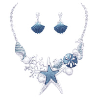 Stunning Enamel Sea Creatures And Simulated Pearl Collar Necklace Earrings Set, 12"+3" Extender (Blue Starfish Silver Tone)