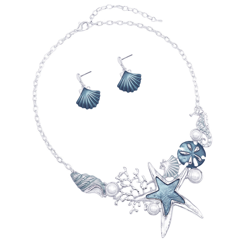 Stunning Enamel Sea Creatures And Simulated Pearl Collar Necklace Earrings Set, 12"+3" Extender (Blue Starfish Silver Tone)