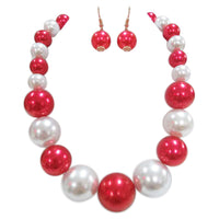 Statement Piece X-Large Holiday Simulated Pearl Strand Bib Necklace Earrings Set, 18"+4" Extender (Red White Mix Gold Tone)