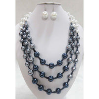 Stunning Multi Strand Ombre Simulated Pearl And Crystal Necklace Earrings Jewelry Set, 18"+3" Extender (Blue White Pearl Silver Tone)