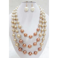 Stunning Multi Strand Ombre Simulated Pearl And Crystal Necklace Earrings Jewelry Set, 18"+3" Extender (Brown Cream Pearl Gold Tone)