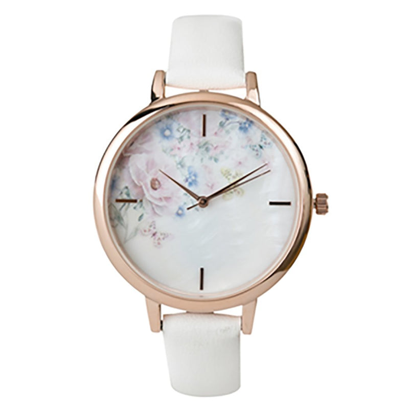 Summer Flower and Mother of Pearl Face Fashion Watch with Genuine Leather Band (White/Butterfly)