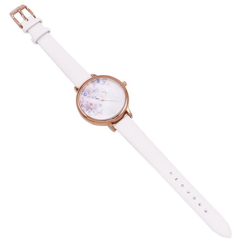 Summer Flower and Mother of Pearl Face Fashion Watch with Genuine Leather Band (White/Butterfly)
