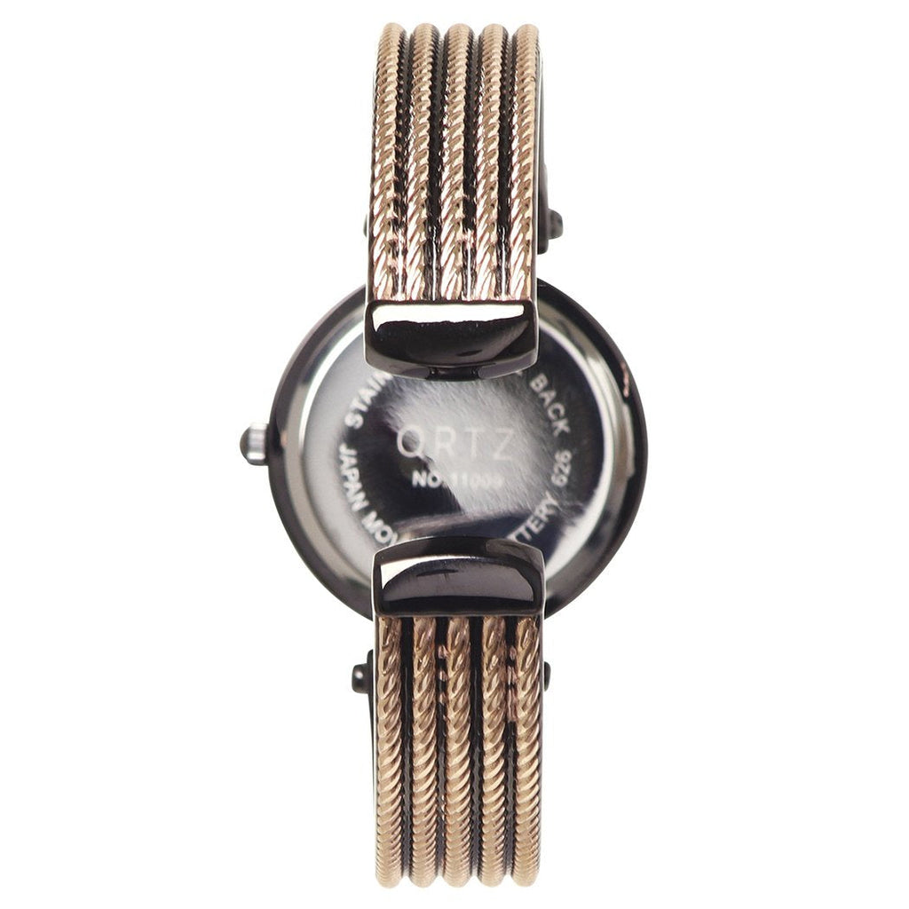 Round Crystal Face Two Tone Rope Band Bracelet Cuff Watch (Copper Tone/Hematite)