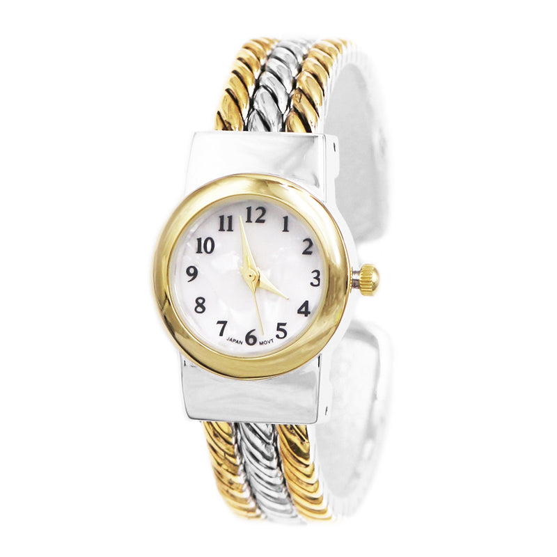 Stylish Mother of Pearl Rope Cuff Bracelet Fashion Watch (Small Round, Two Tone)